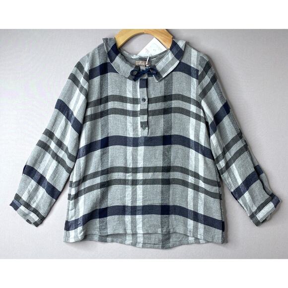 NWT Emile et Ida Gray & Navy Check Blouse w/Bow Girls 8 Yrs/8A